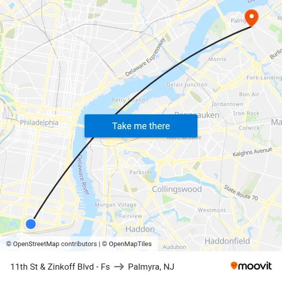 11th St & Zinkoff Blvd - Fs to Palmyra, NJ map