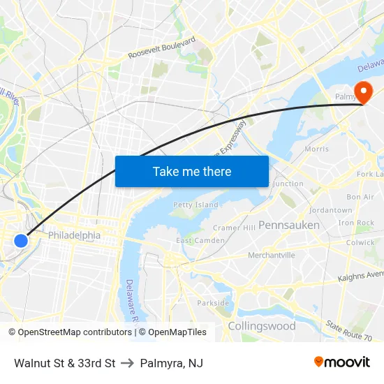 Walnut St & 33rd St to Palmyra, NJ map