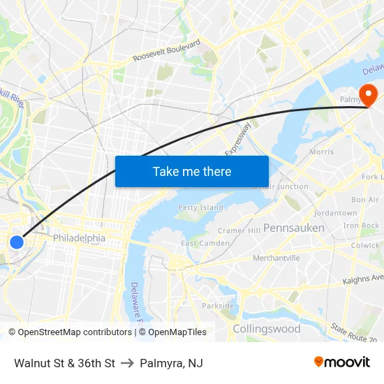 Walnut St & 36th St to Palmyra, NJ map