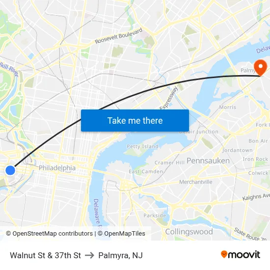 Walnut St & 37th St to Palmyra, NJ map