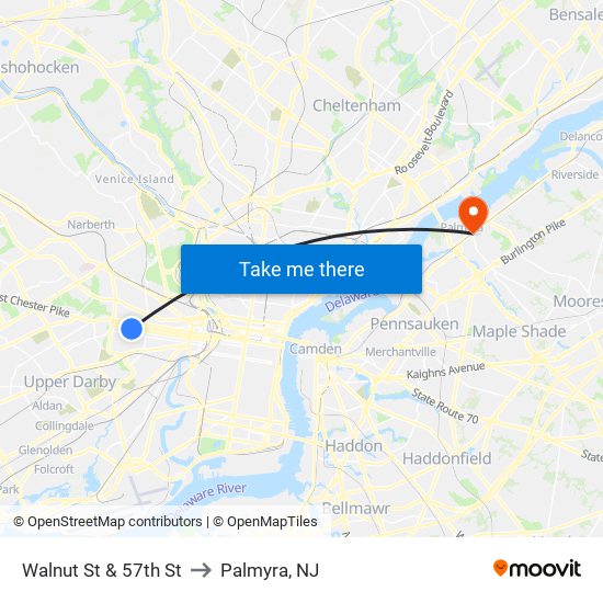 Walnut St & 57th St to Palmyra, NJ map