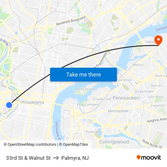 33rd St & Walnut St to Palmyra, NJ map