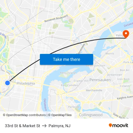 33rd St & Market St to Palmyra, NJ map