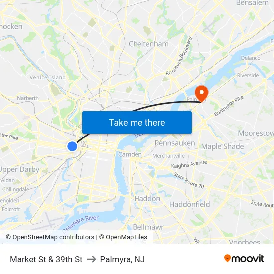 Market St & 39th St to Palmyra, NJ map