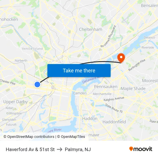Haverford Av & 51st St to Palmyra, NJ map