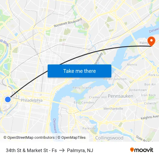 34th St & Market St - Fs to Palmyra, NJ map