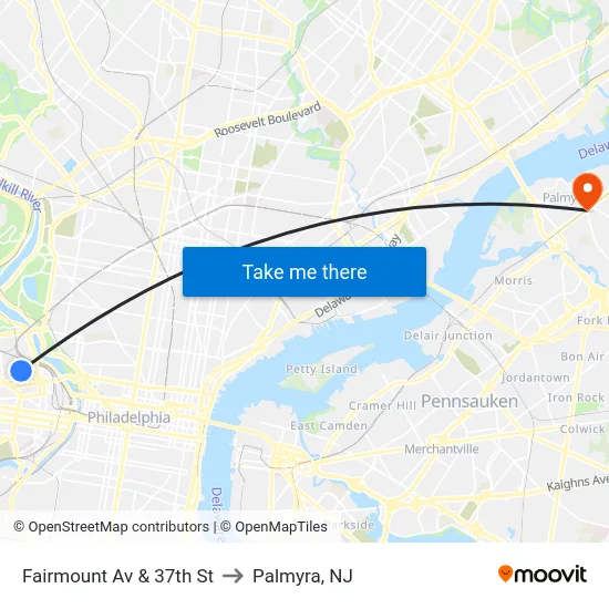 Fairmount Av & 37th St to Palmyra, NJ map