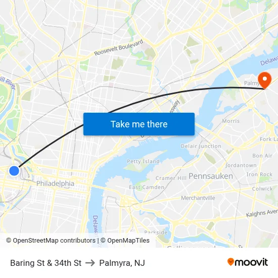 Baring St & 34th St to Palmyra, NJ map