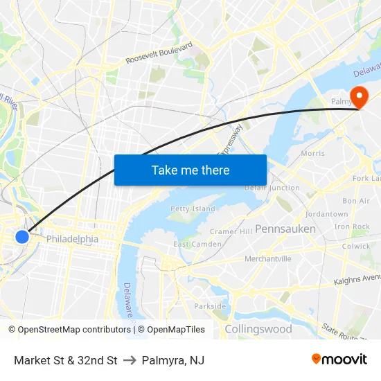 Market St & 32nd St to Palmyra, NJ map