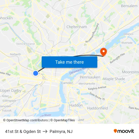 41st St & Ogden St to Palmyra, NJ map