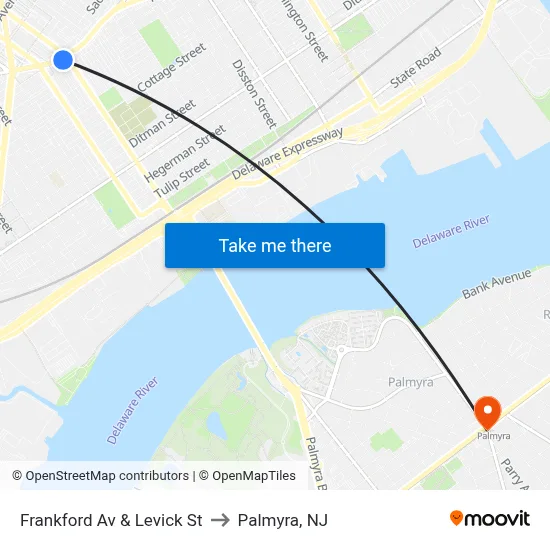 Frankford Av & Levick St to Palmyra, NJ map