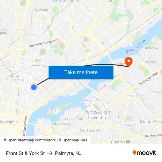 Front St & York St to Palmyra, NJ map