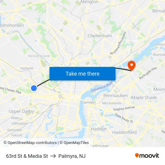 63rd St & Media St to Palmyra, NJ map
