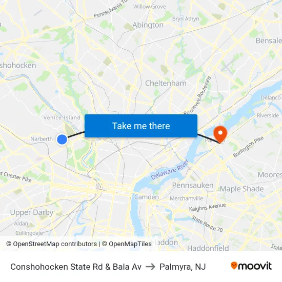 Conshohocken State Rd & Bala Av to Palmyra, NJ map