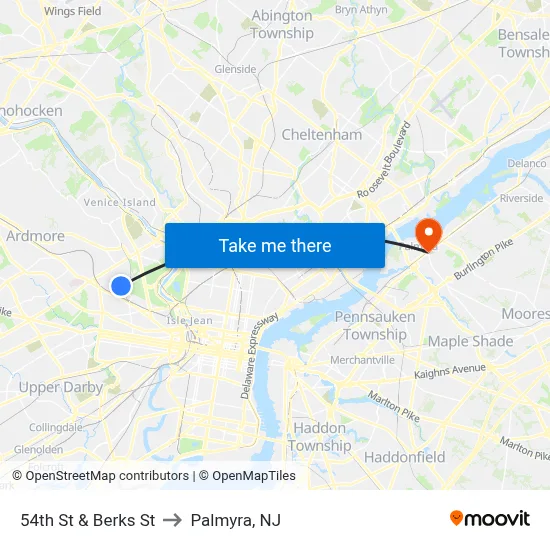 54th St & Berks St to Palmyra, NJ map