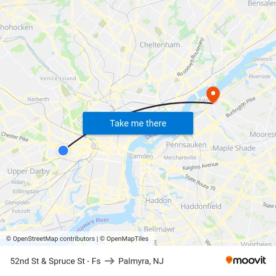 52nd St & Spruce St - Fs to Palmyra, NJ map
