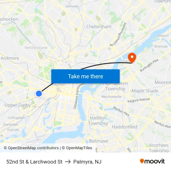 52nd St & Larchwood St to Palmyra, NJ map