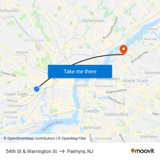 54th St & Warrington St to Palmyra, NJ map