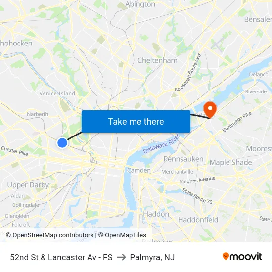 52nd St & Lancaster Av - FS to Palmyra, NJ map