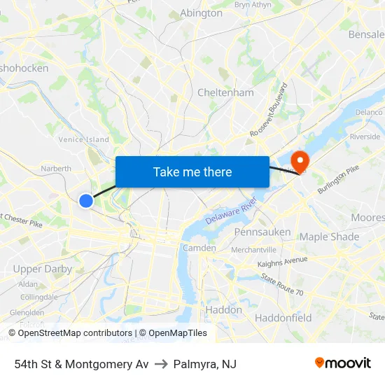 54th St & Montgomery Av to Palmyra, NJ map