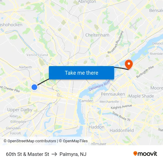 60th St & Master St to Palmyra, NJ map
