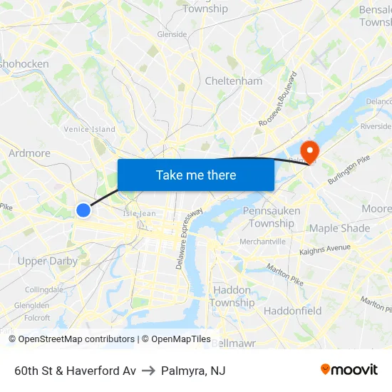 60th St & Haverford Av to Palmyra, NJ map
