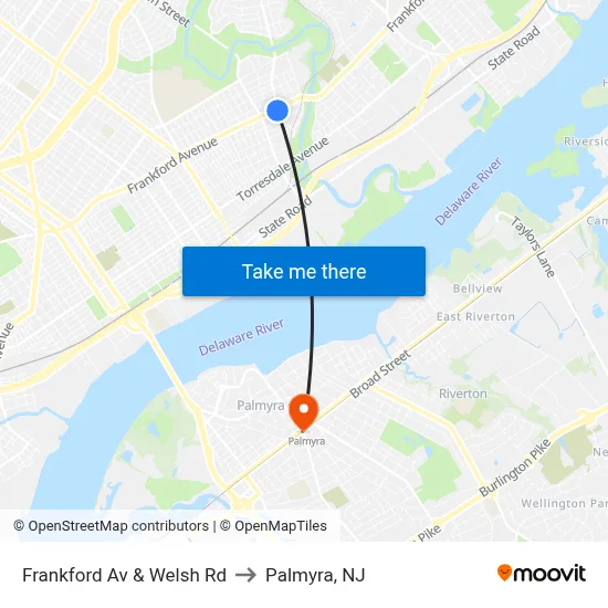 Frankford Av & Welsh Rd to Palmyra, NJ map