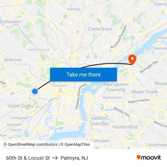 60th St & Locust St to Palmyra, NJ map