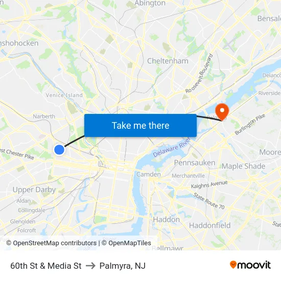 60th St & Media St to Palmyra, NJ map