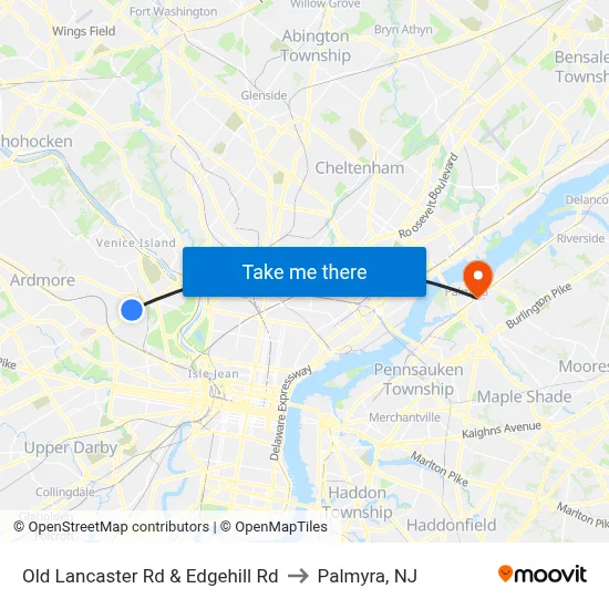 Old Lancaster Rd & Edgehill Rd to Palmyra, NJ map