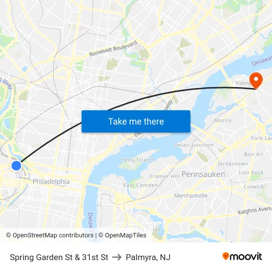 Spring Garden St & 31st St to Palmyra, NJ map
