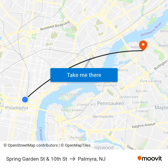 Spring Garden St & 10th St to Palmyra, NJ map
