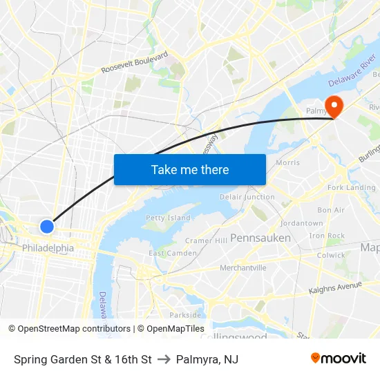 Spring Garden St & 16th St to Palmyra, NJ map