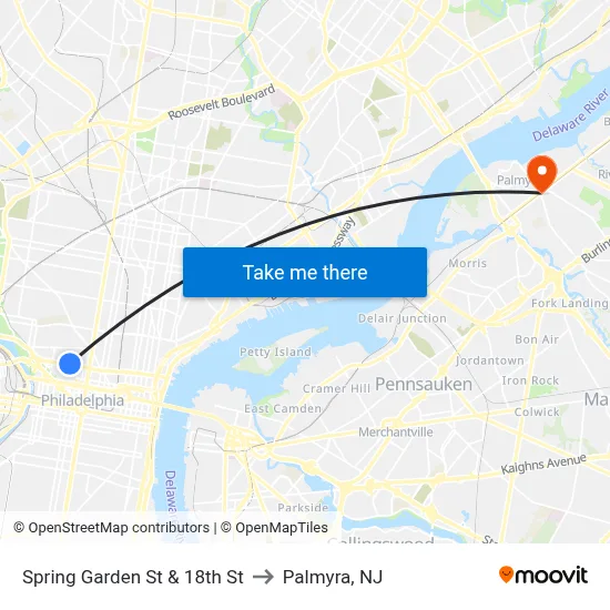 Spring Garden St & 18th St to Palmyra, NJ map