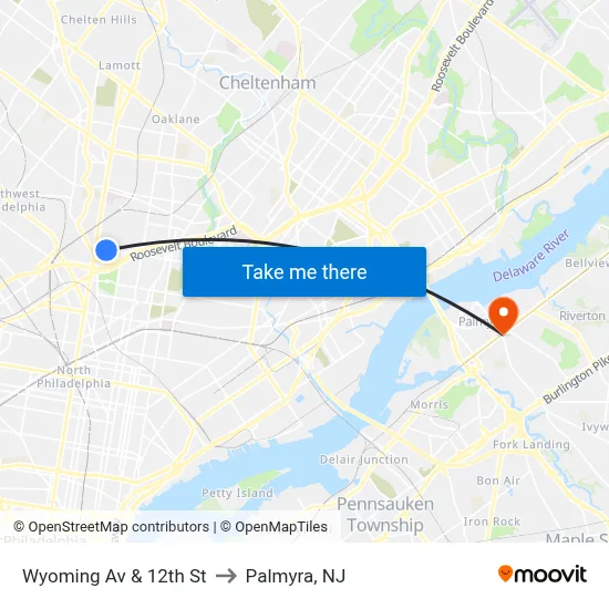 Wyoming Av & 12th St to Palmyra, NJ map