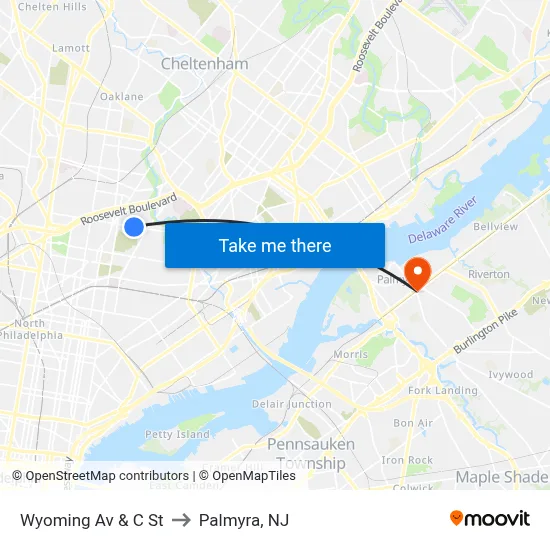 Wyoming Av & C St to Palmyra, NJ map