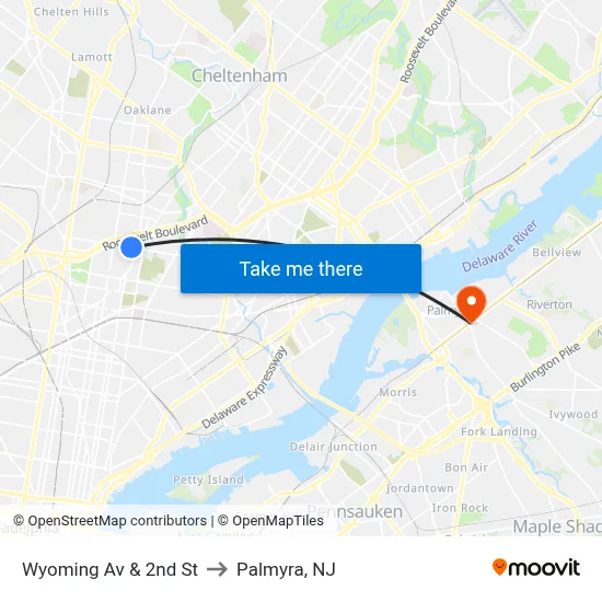 Wyoming Av & 2nd St to Palmyra, NJ map