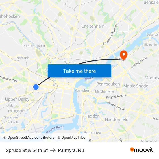 Spruce St & 54th St to Palmyra, NJ map