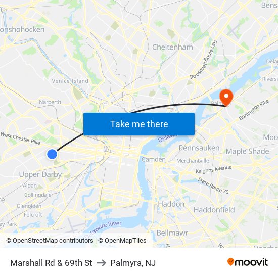 Marshall Rd & 69th St to Palmyra, NJ map