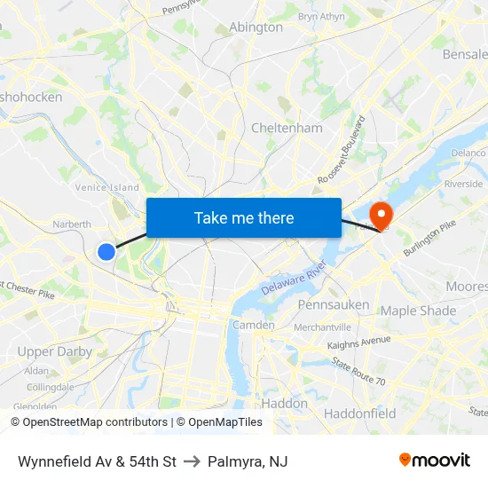 Wynnefield Av & 54th St to Palmyra, NJ map