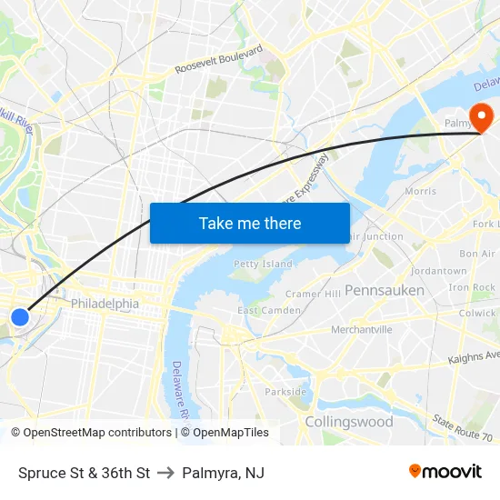 Spruce St & 36th St to Palmyra, NJ map