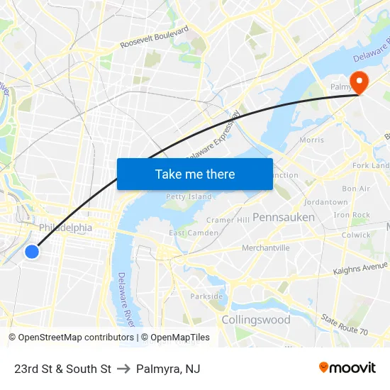 23rd St & South St to Palmyra, NJ map