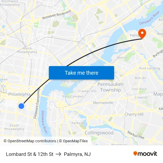 Lombard St & 12th St to Palmyra, NJ map