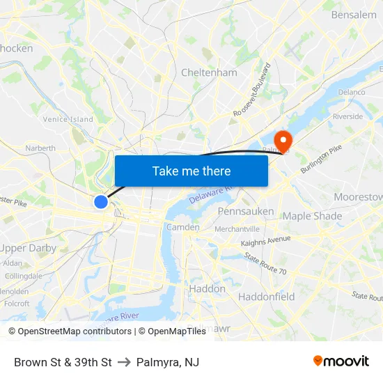 Brown St & 39th St to Palmyra, NJ map