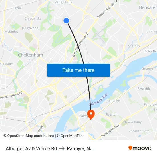 Alburger Av & Verree Rd to Palmyra, NJ map