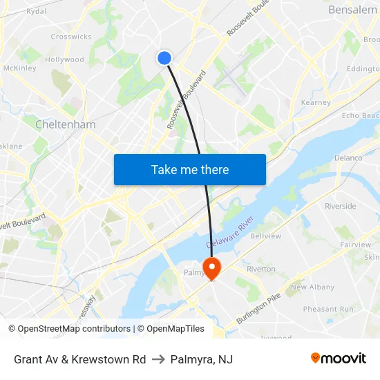 Grant Av & Krewstown Rd to Palmyra, NJ map
