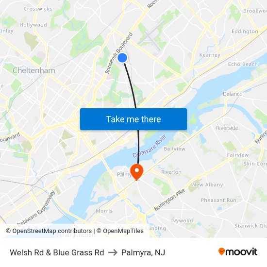 Welsh Rd & Blue Grass Rd to Palmyra, NJ map