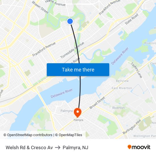 Welsh Rd & Cresco Av to Palmyra, NJ map