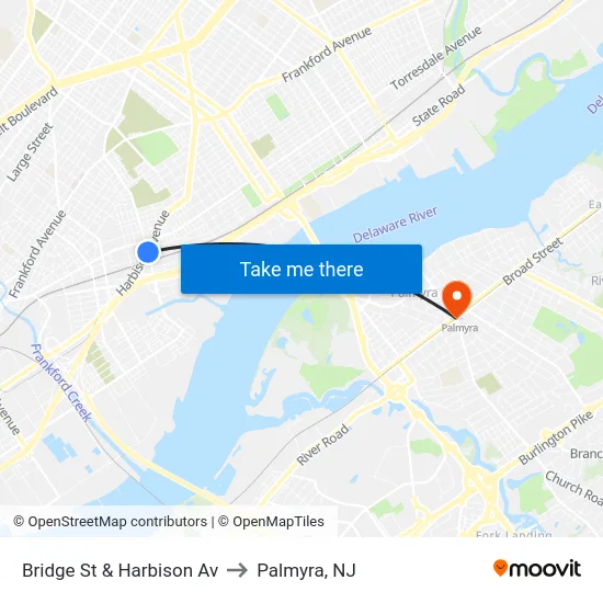 Bridge St & Harbison Av to Palmyra, NJ map