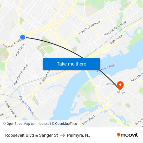 Roosevelt Blvd & Sanger St to Palmyra, NJ map